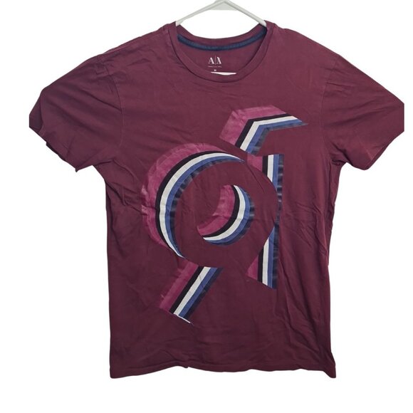 Armani Exchange 91 Stencil Logo Graphic Tee Maroon Men Cotton Crewneck Size M - Picture 1 of 7